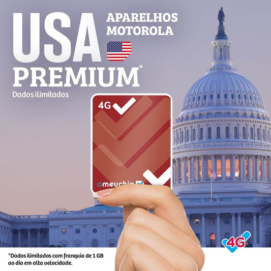 Banner Omeuchip USA Premium Dados ilimitados, e ao fundo a casa branca