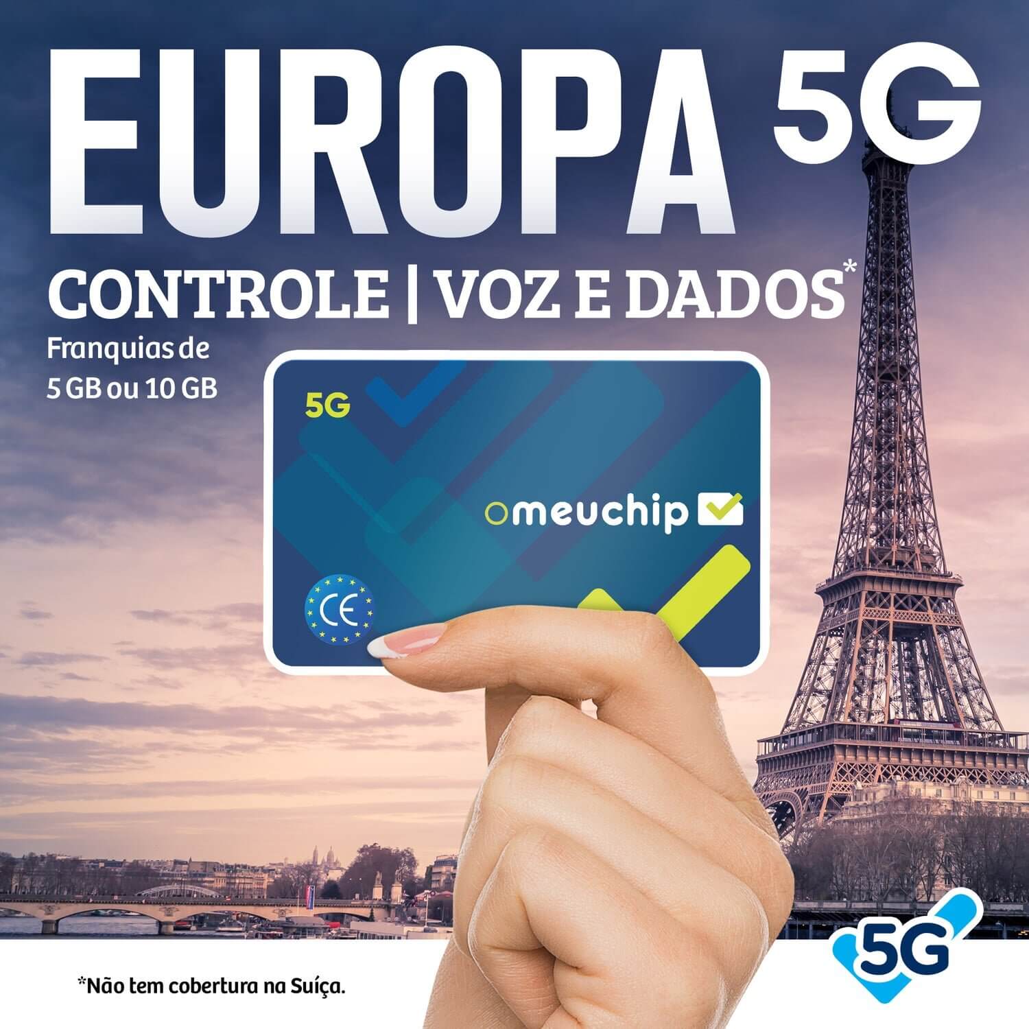 Banner Omeuchip Europa 5G Controle, Voz e Dados, e ao fundo a torre Eiffel